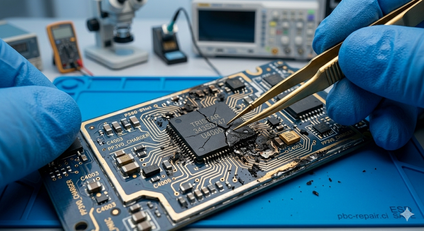 Technicien réparant une carte mère d'ordinateur sous microscope pour diagnostiquer un arrêt brusque - PCB Repair