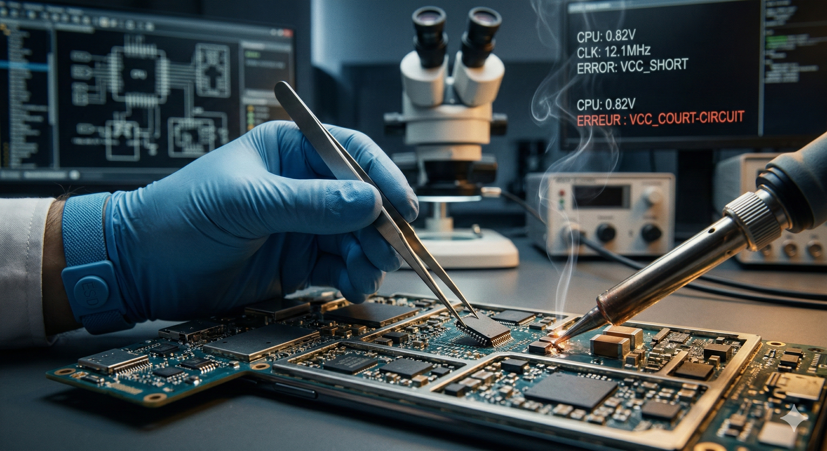 Technicien effectuant de la micro-soudure de précision sur une carte mère de smartphone sous microscope binoculaire professionnel