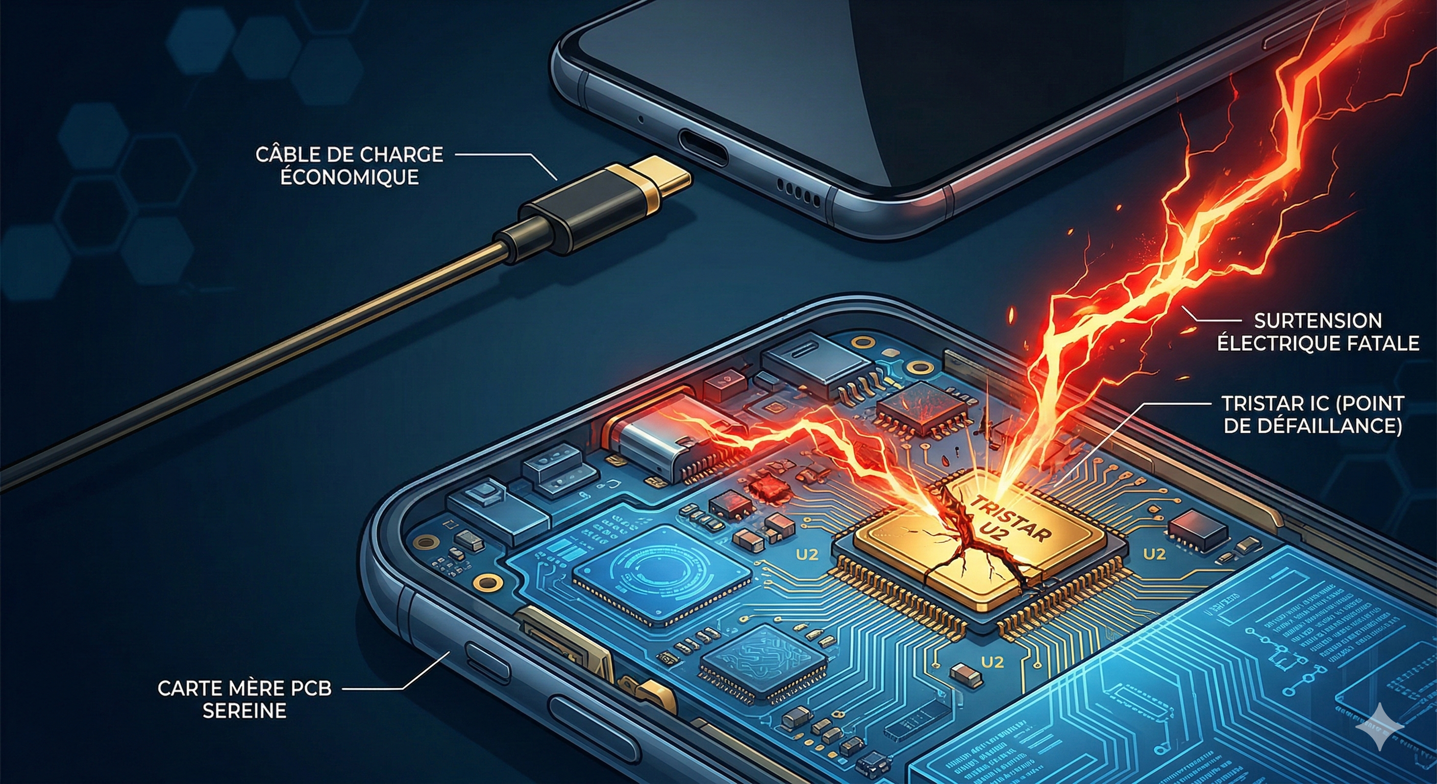Circuit de charge d'un smartphone endommagé par un chargeur contrefait, vue sous microscope avec IC grillé et traces de surtension