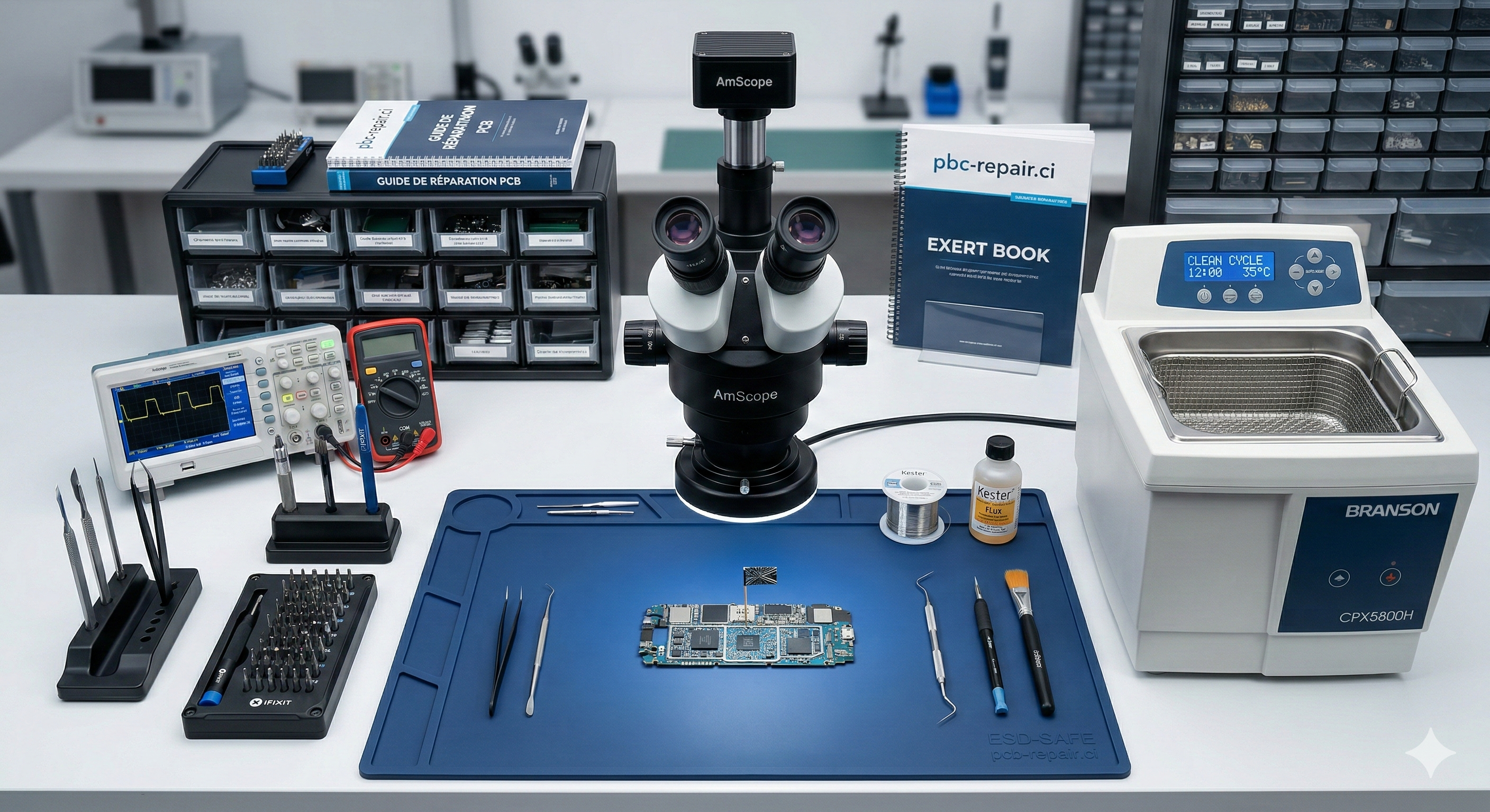 Carte mère d'ordinateur portable endommagée par l'eau en cours de diagnostic sous microscope dans un laboratoire de réparation électronique professionnel