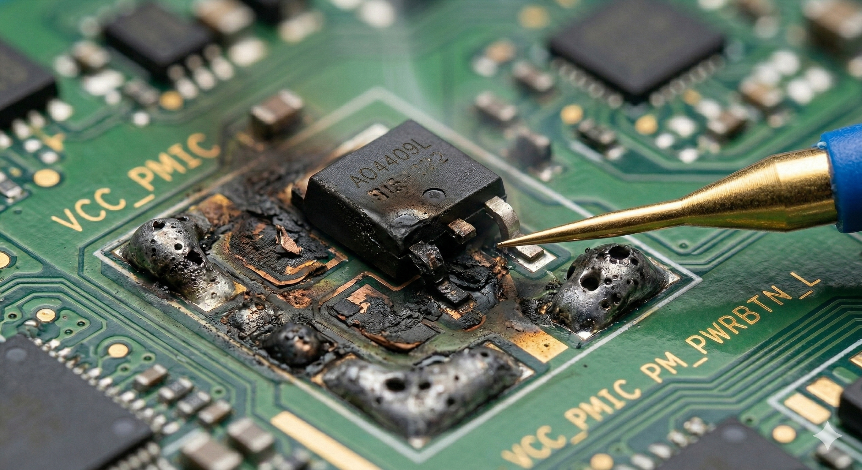 Technicien en micro-électronique diagnostiquant un court-circuit sur carte mère d'ordinateur portable sous microscope binoculaire