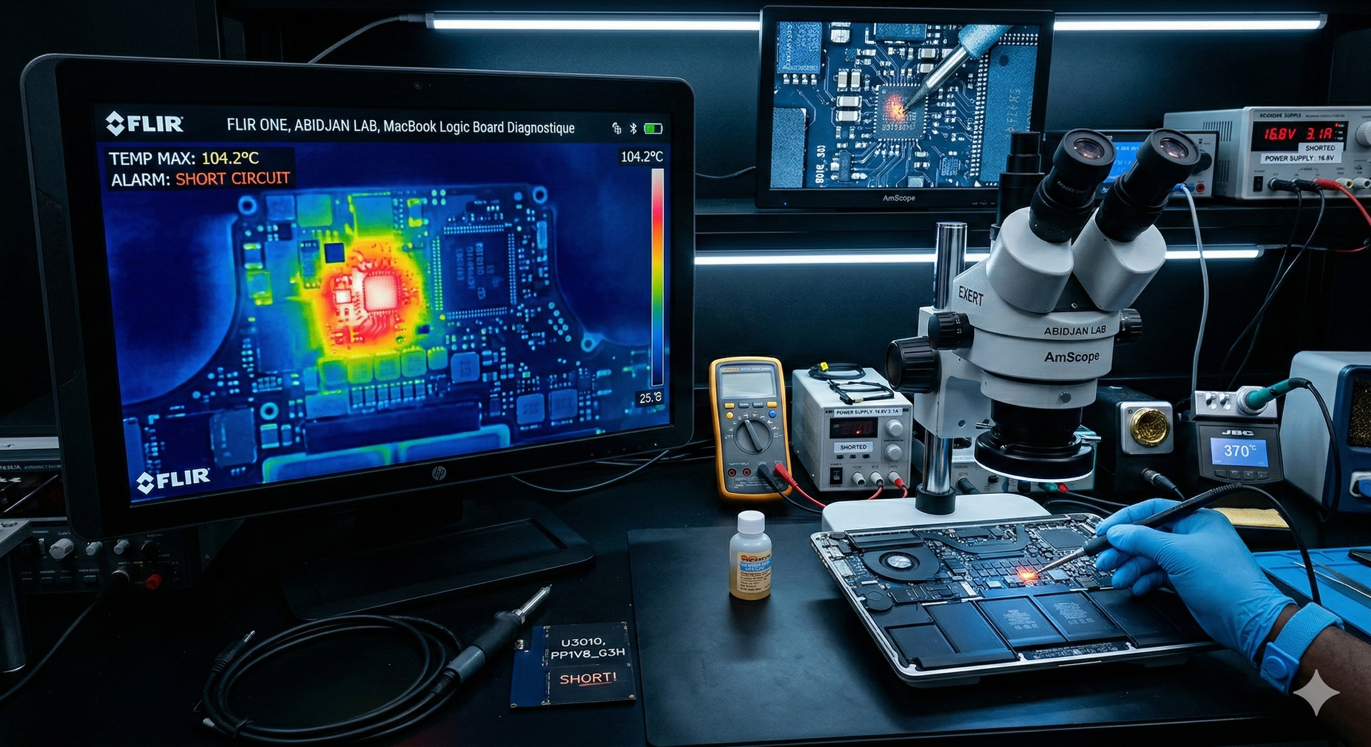 Technicien réparant une carte mère de MacBook sous microscope avec station de micro-soudure professionnelle