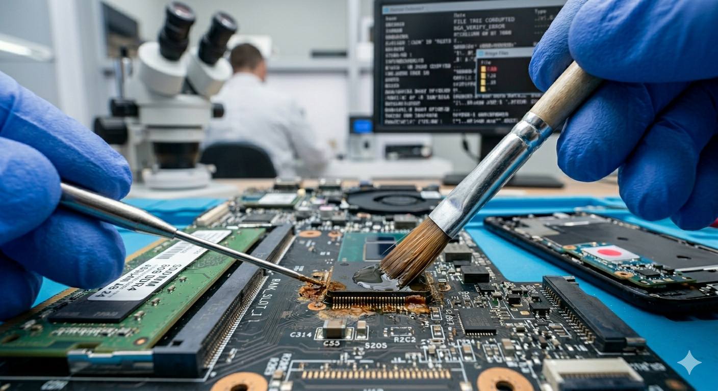 Technicien inspectant au microscope une carte mère de smartphone endommagée par infiltration liquide, avec outils de micro-soudure de précision